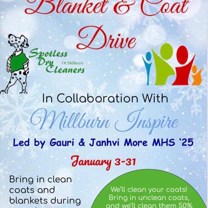 Flyer for the Millburn Inspire Blanket and Coat Drive with Spotless Dry Cleaners