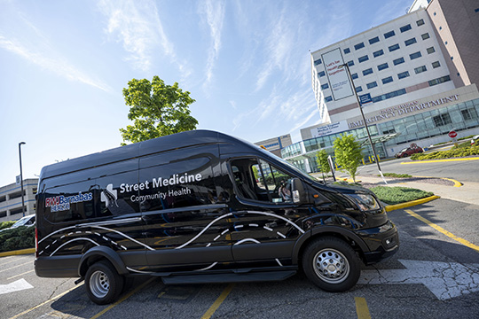 RWJBarnabas Health Street Medicine van outside Trinitas Regional Medical Center